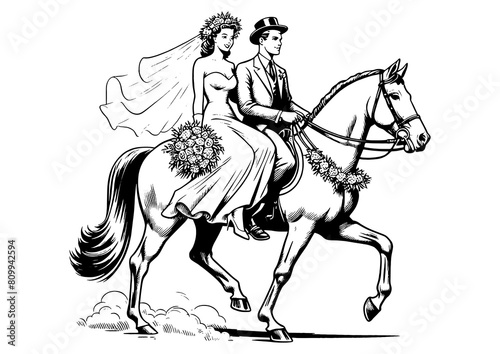 bride and groom in traditional wedding attire riding a horse romantic moment sketch engraving generative ai fictional character PNG illustration. Scratch board imitation. Black and white image.