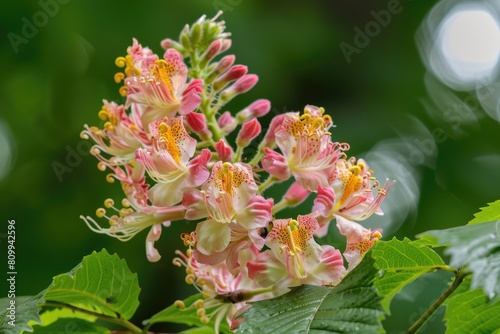 Red Chestnut Bloom: Beautiful Spring Garden Flower with Green Leaves photo