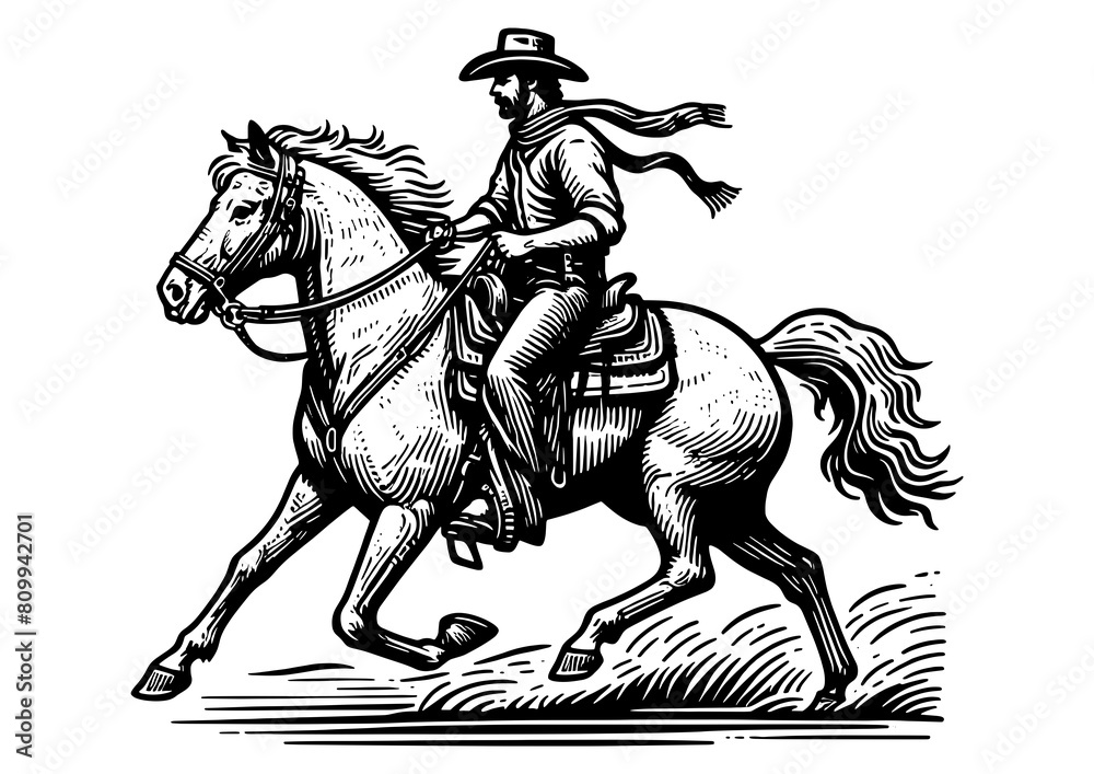 cowboy riding a galloping horse, with detailed hatching and dynamic motion sketch engraving generative ai fictional character PNG illustration. Scratch board imitation. Black and white image. cowboy riding a galloping horse, with detailed hatching and dynamic motion sketch engraving generative ai fictional character PNG illustration. Scratch board imitation. Black and white image.