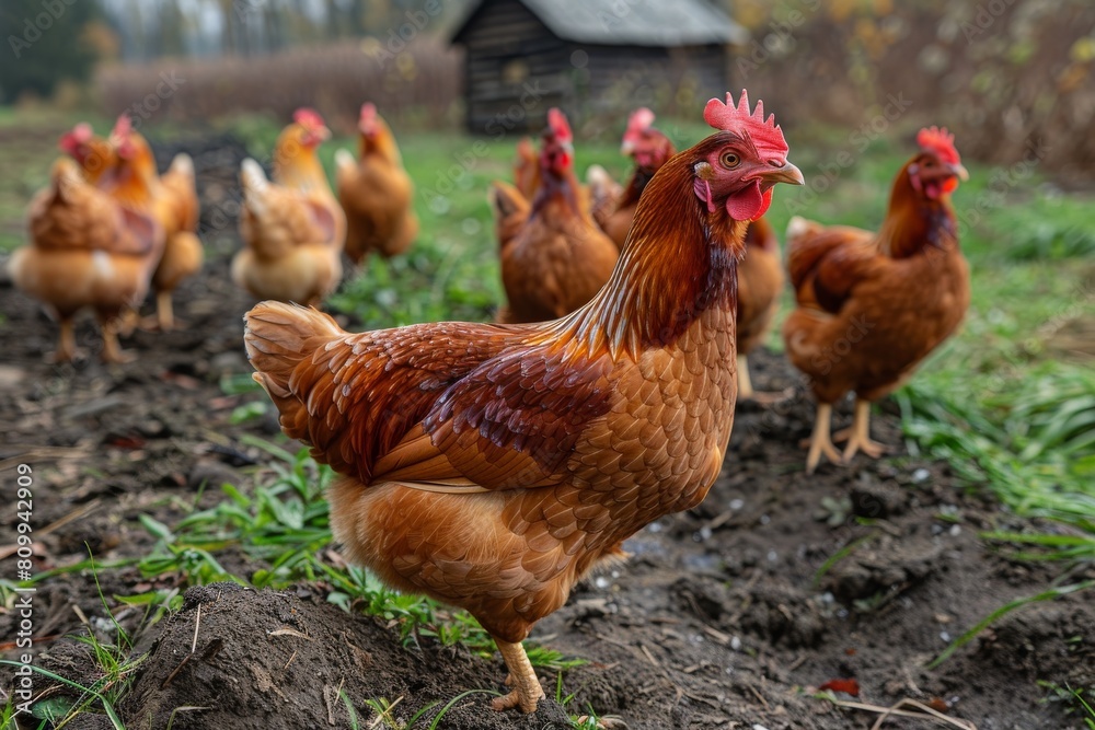 Fototapeta premium A charismatic brown chicken explores a farm with a traditional coop in the background, representing sustainable farming