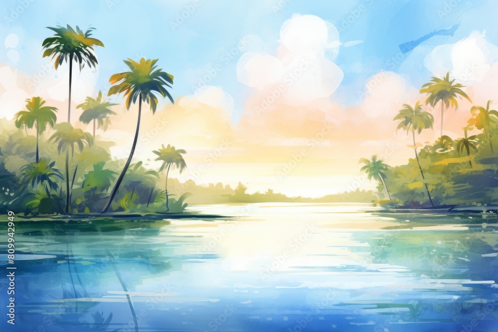 Obraz premium A vibrant watercolor background of a serene tropical lagoon bathed in sunlight, capturing the essence of a perfect summer holiday in soft colors.