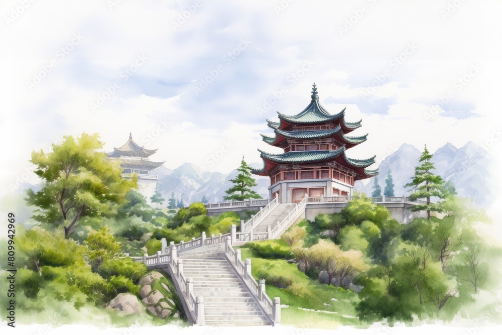 A cheerful watercolor illustration of a hilltop Chinese Buddhist temple, beautifully depicted with a panoramic view of the vibrant, lush surrounding landscape in a hyper-realistic style. A cheerful watercolor illustration of a hilltop Chinese Buddhist temple, beautifully depicted with a panoramic view of the vibrant, lush surrounding landscape in a hyper-realistic style.