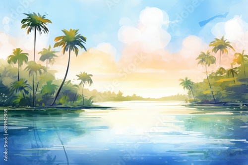 A vibrant watercolor background of a serene tropical lagoon bathed in sunlight  capturing the essence of a perfect summer holiday in soft colors.