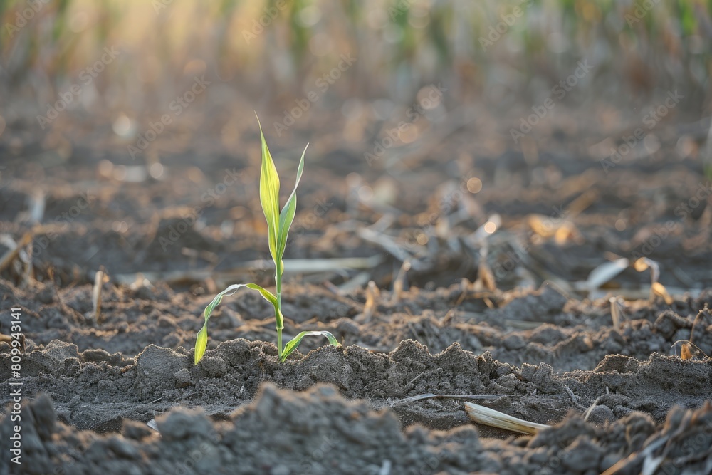 No Till Agriculture Concept. Closeup of Cornstalk Sprouting in Piedmont, North Carolina Cornfield No Till Agriculture Concept. Closeup of Cornstalk Sprouting in Piedmont, North Carolina Cornfield