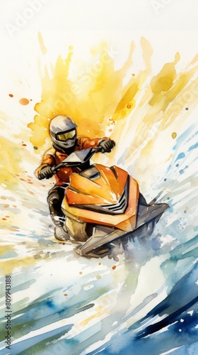 Lighthearted cartoon depiction of a jet skier zooming across the water, with dynamic splashes in bright watercolors © PhotoLand 639