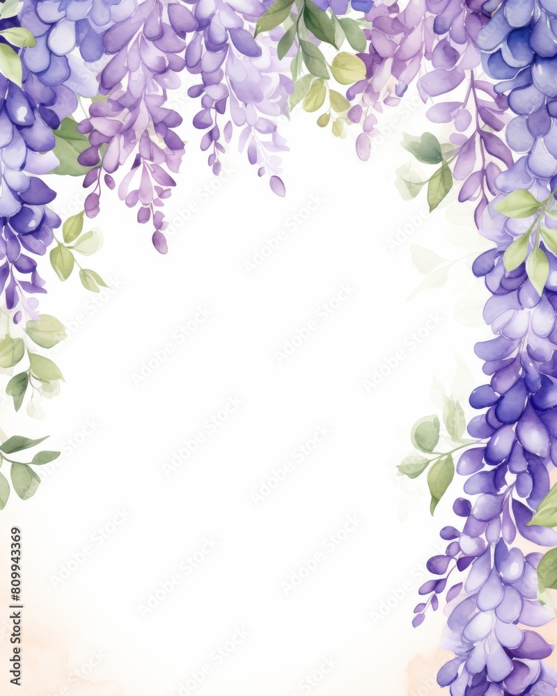 Serene depiction of a Japanese-style floral frame, with watercolor wisteria draping elegantly around the edges, soft color, watercolor style Serene depiction of a Japanese-style floral frame, with watercolor wisteria draping elegantly around the edges, soft color, watercolor style