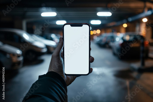 Wallpaper Mural Hand holding smartphone with blank screen using parking payment app in a dimly lit urban parking garage, convenience at your fingertips Torontodigital.ca