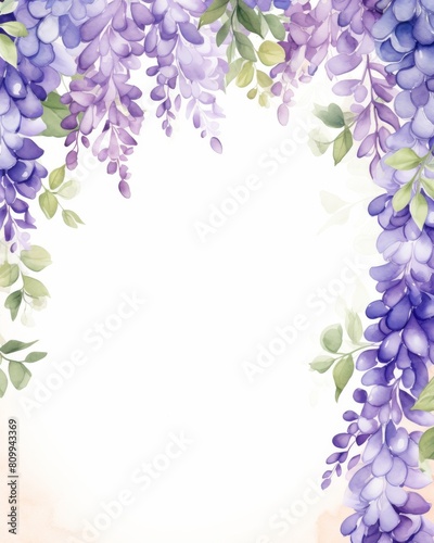 Serene depiction of a Japanese-style floral frame, with watercolor wisteria draping elegantly around the edges, soft color, watercolor style