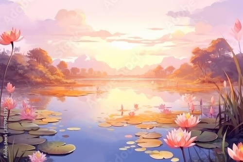 Serene pond surrounded by blooming flowers at sunset, Magha Puja Day, soft color, watercolor style