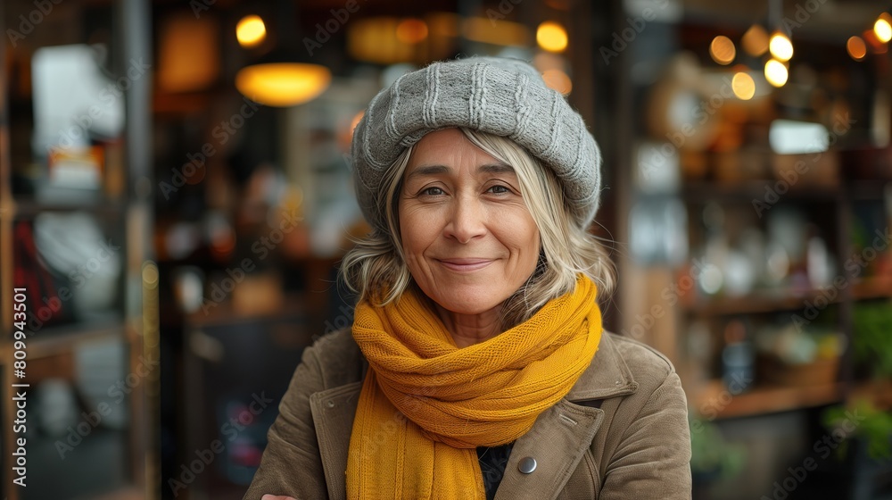 Mature woman dressed in a stylish gray beret and vibrant yellow scarf Mature woman dressed in a stylish gray beret and vibrant yellow scarf