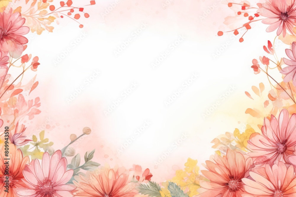 A gentle watercolor background of a vintage tender border of pink and red flowers with soft, warm hues.
