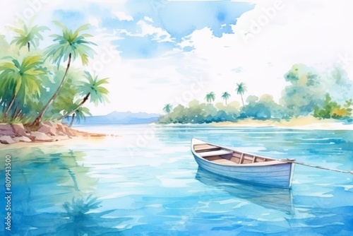Watercolor painting of a serene tropical bay featuring a rowboat, palm trees, and a distant shoreline. © PhotoLand 639