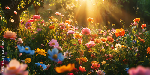 Golden sunlight streams through a vibrant field of wildflowers at dawn. © Andrey