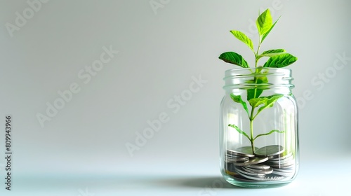 glass jar full of coins with a green plant growing out, on a white background, business growth or financial success concept