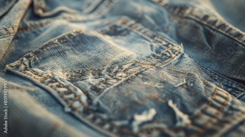 Extreme close-up of weathered and sun-bleached denim shorts, revealing the intricate stitching and worn-in texture