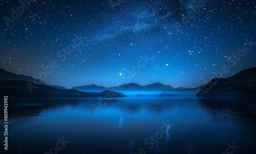 night in the mountains， night sky with stars and clouds， aurora over the sea， starry night sky