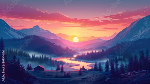 Pinky sunset landscape illustration