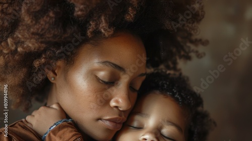 A woman holding a child with closed eyes, suitable for family and parenting concepts