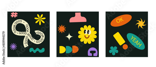Brutalist posters set with naive playfull shapes and smile stickers. Retro abstract shapes backgrounds. Brutal contemporary figure circle oval wave patterns. Geometric posters in modern brutalist styl