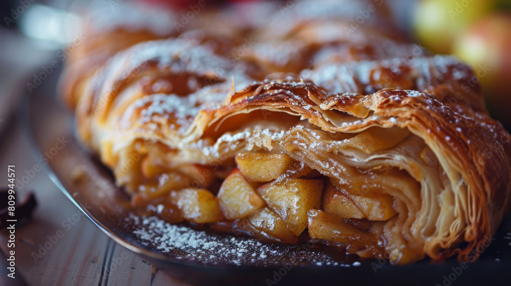 Fototapeta premium Delectable freshly baked apple strudel dusted with powdered sugar, presented on a rustic plate with a warm, blurred kitchen background