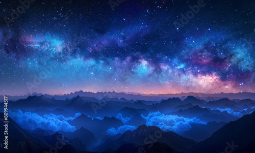 Starry sky night view of the Milky Way over clouds in mountainous areas of China, with a deep blue color tone
