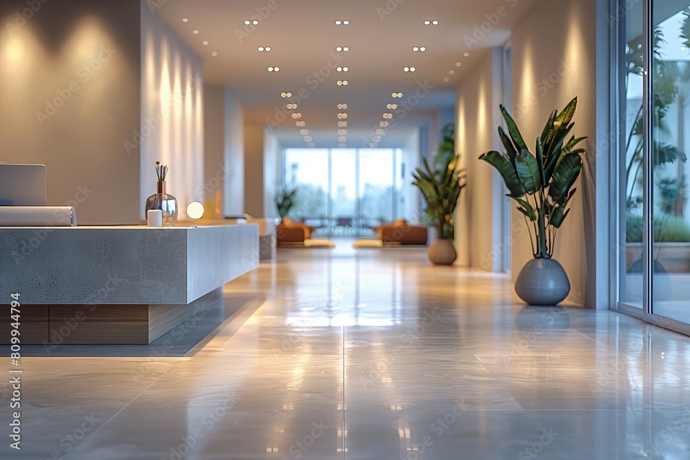 Fototapeta premium A sleek, contemporary reception area with a plant, reflective floor and minimalistic furniture
