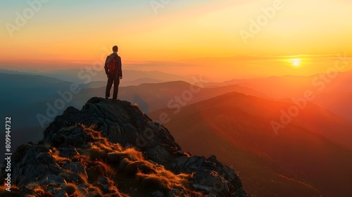 Solitary Hiker Overlooking Breathtaking Mountain Landscape at Sunrise