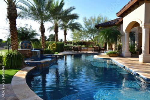 Luxury Backyard with Pool  House and Palm Trees on Golf Course in Goodyear