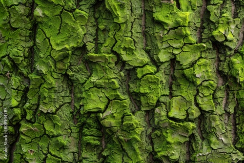 Moss-covered tree bark, textured and vibrant green, hints of damp earth