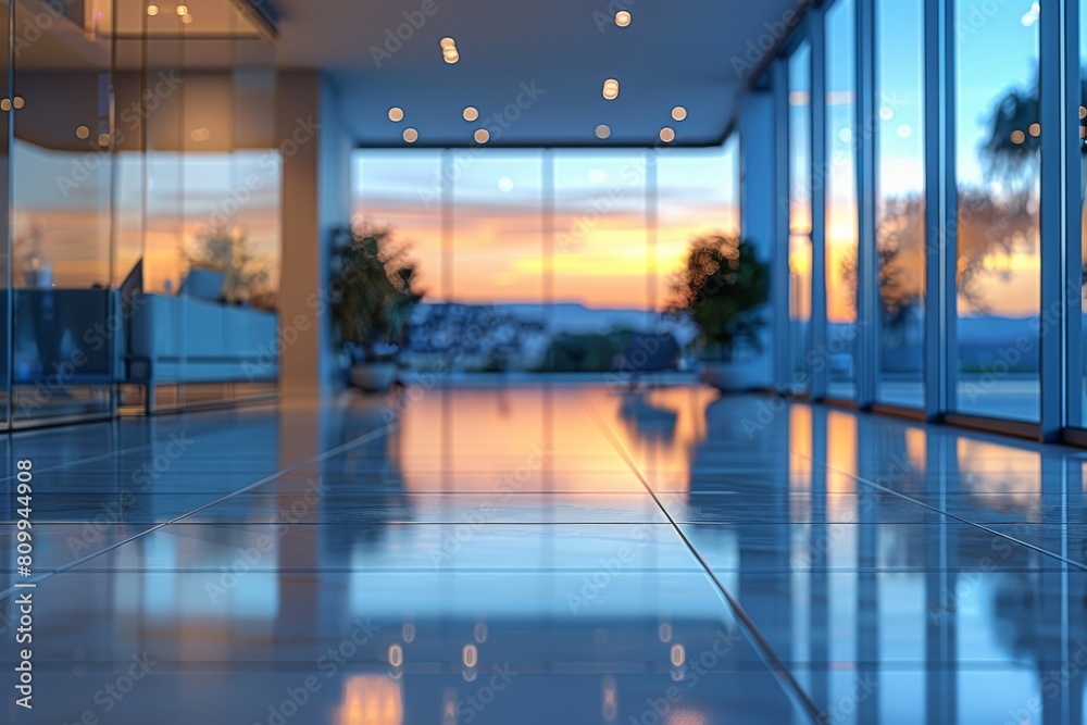 A spacious modern hall with gleaming floors and large windows showcasing a stunning sunset scenery A spacious modern hall with gleaming floors and large windows showcasing a stunning sunset scenery