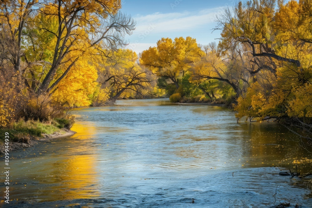 Obraz premium Idyllic Fall Landscape of Boise River on Greenbelt Trail in Park