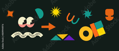 Set of stickers with naive playful abstract shapes. Circle, oval, rectangle, arched in the trendy retro style. Aesthetics background of brutalism. Vector illustration with wavy geometric elements.