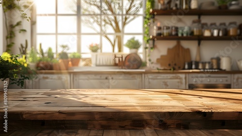 An empty space on a wooden counter in a rustic country kitchen with farmhouse-style decor and natural lighting
