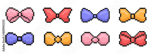 bowknot pixel art set, various bows, 80s, 90s, old arcade video game style, ribbon, birthday decor, celebration, items for game, mobile app and more, vector illustration