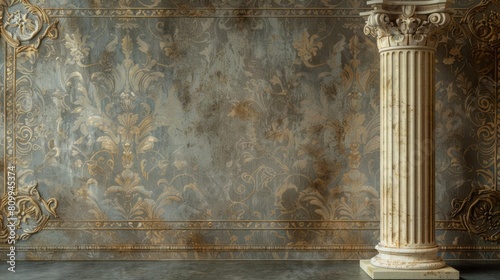 Traditional fluted column on a faded damask background, offering a regal presentation space for highend vintage items photo