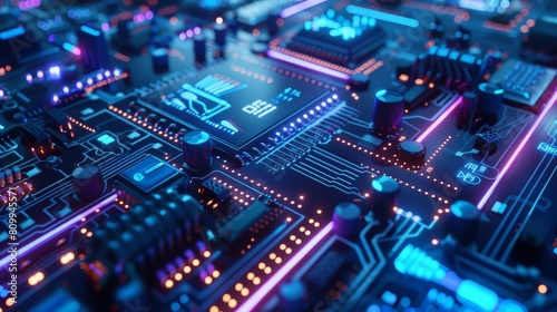 A circuit board with blue and purple neon lights.