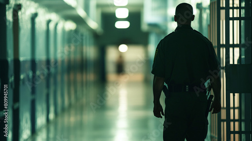 Guard Walking in Dimly Lit Prison Corridor
