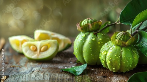 Fresh Garcinia Cambogia Fruit Still Life on Wooden Background for Health and Wellness-themed photo