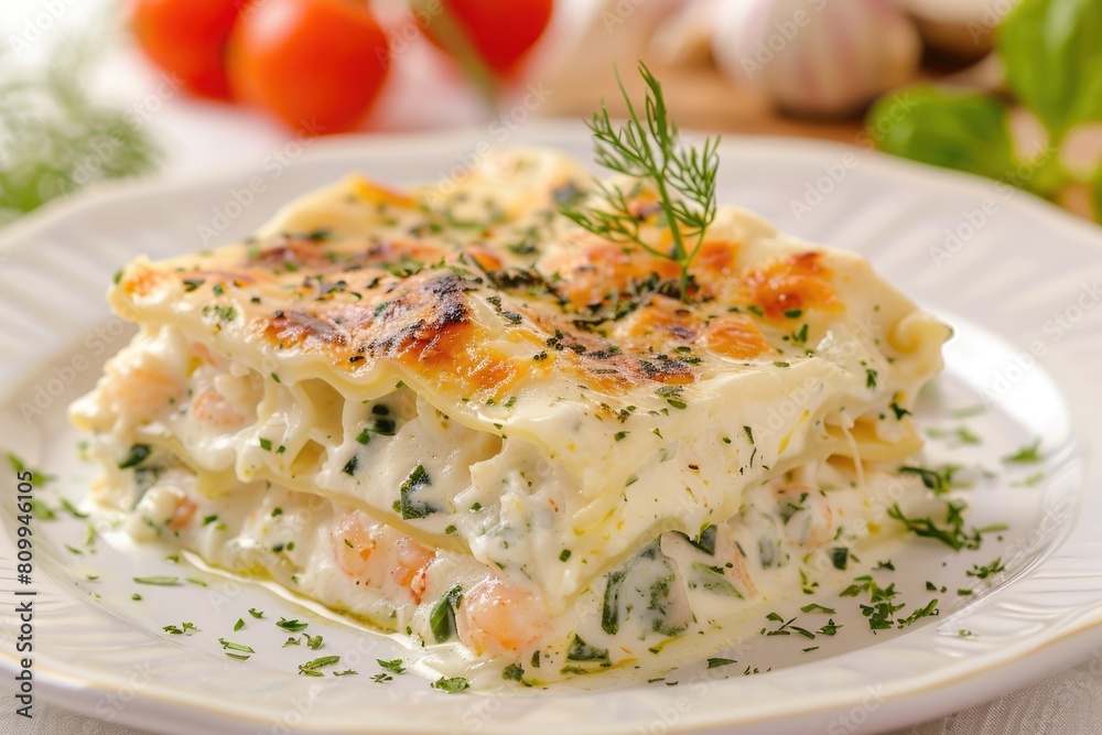 Healthy and Delicious Seafood Lasagna Plated in a White Dish. Perfect for an Elegant Dinner. Healthy and Delicious Seafood Lasagna Plated in a White Dish. Perfect for an Elegant Dinner.