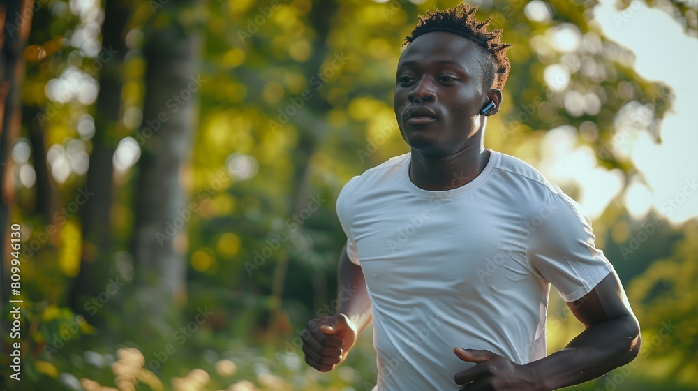 An attractive young Black man is jogging in the park | run | listening to music | earphones | headphones | healthy An attractive young Black man is jogging in the park | run | listening to music | earphones | headphones | healthy