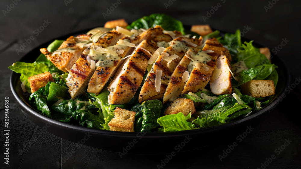 Fresh caesar salad topped with juicy grilled chicken breast, croutons, and dressing, served in a black bowl on a dark surface Fresh caesar salad topped with juicy grilled chicken breast, croutons, and dressing, served in a black bowl on a dark surface