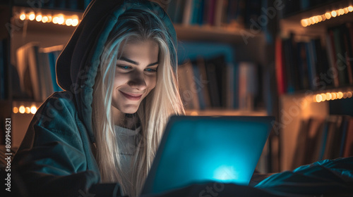 A young woman is sitting on a bed with a laptop open in front of her