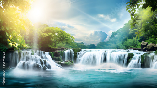 Enchanting Waterfall with Rainbow,Beautiful waterfall nature scenery of deep forest in summer day © Aleey