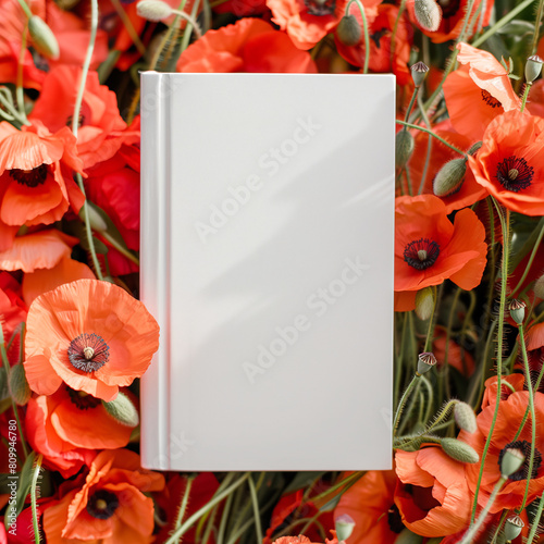 Mockup of a new book with blank white cover in modern neat style on red poppy flowers garden background. Square template for social media post for books and flowers.