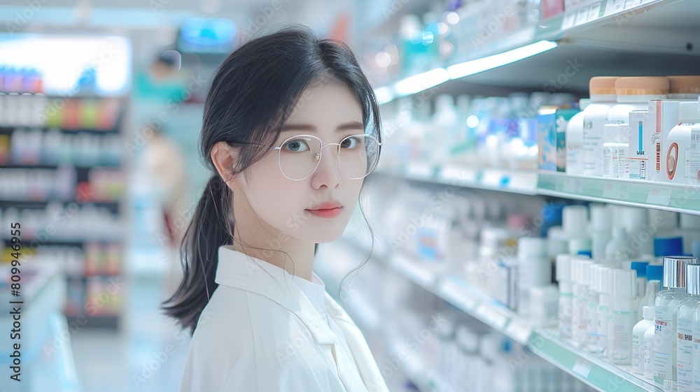 Asian female pharmacist in a pharmacy, wearing glasses and a white outfit. Asian female pharmacist in a pharmacy, wearing glasses and a white outfit.