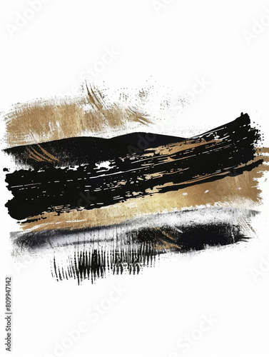 A painting featuring black and gold colors, set against a white background