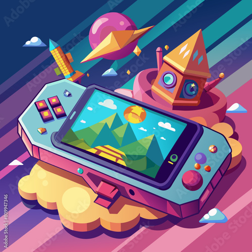 Mobile gaming platform. Handheld device with action game. Entertainment technology on the go. Low poly vector illustration with 3D effect on game character background.