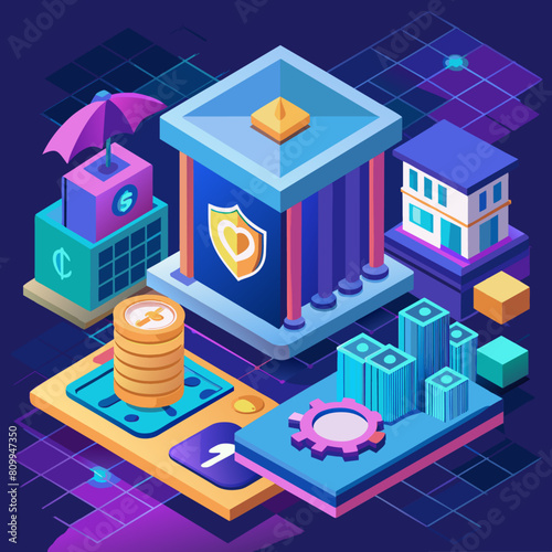 Online banking security. Digital safe and encrypted transactions. Fintech and finance technology. Low poly vector illustration with 3D effect on bank interior background.