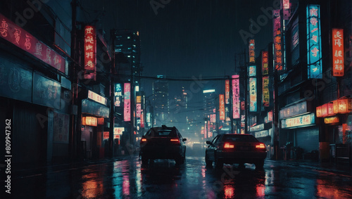 Cyberpunk shrine  Japanese abstract illustration in a dark  rainy cityscape.