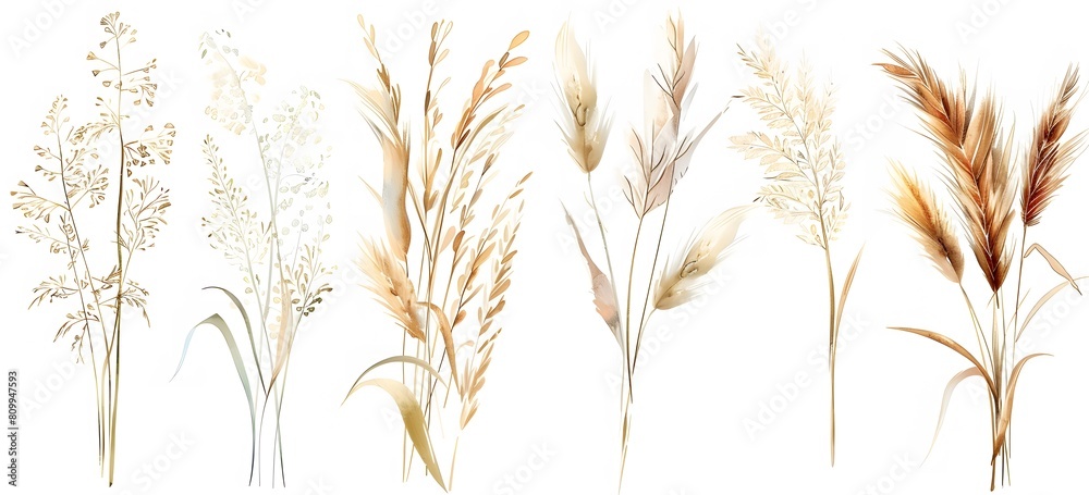 watercolor, brown grasses and reeds clipart set on white background